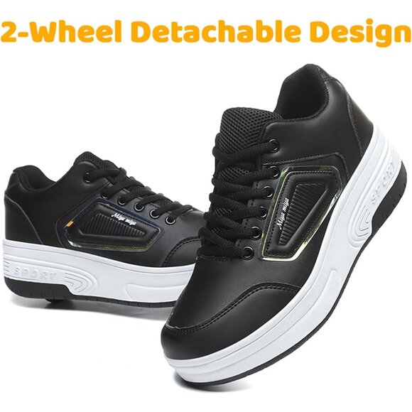 Kids Black Recharge Able Wheels Sneakers Fashion Roller Wheeled Skate Shoes - Picture 5 of 8